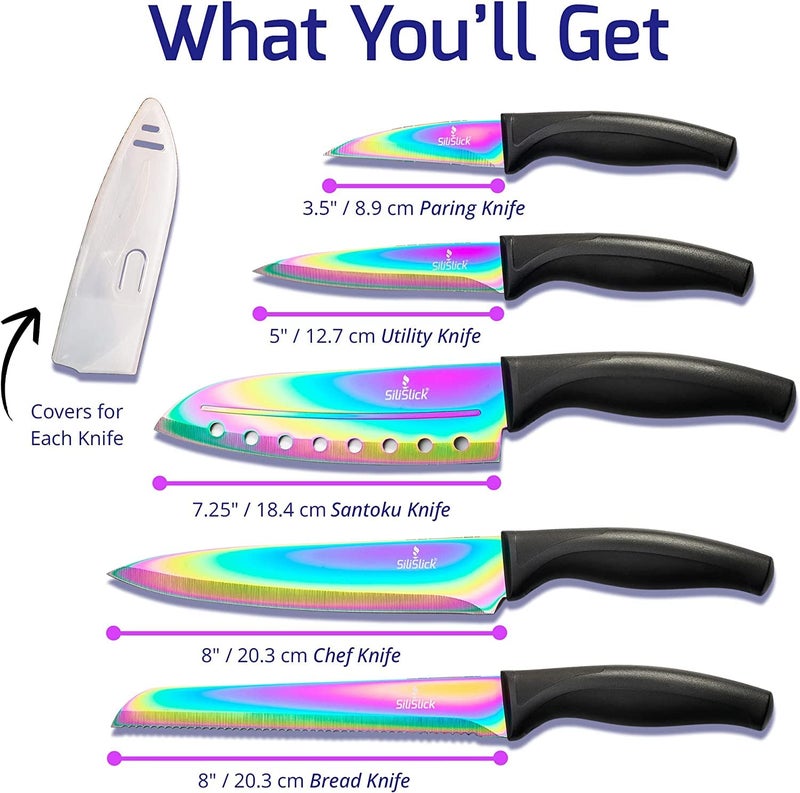 SiliSlick Kitchen Knife Set, Rainbow Titanium Coated Stainless Steel, Ergonomic Red Handle, Chef, Santoku, Paring, Utility, Bread Knives, Protective Covers, 14" x 4.5" (5-Piece) - Image 4